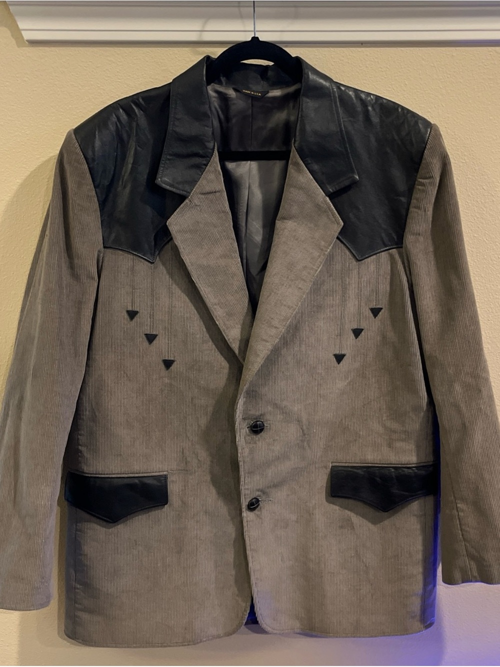 Men's Taupe Corduroy Jacket with Black Leather Accents